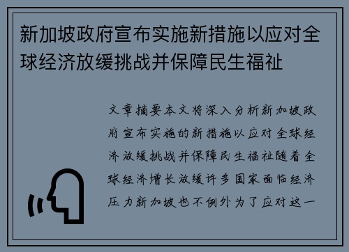 新加坡政府宣布实施新措施以应对全球经济放缓挑战并保障民生福祉