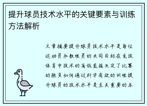 提升球员技术水平的关键要素与训练方法解析